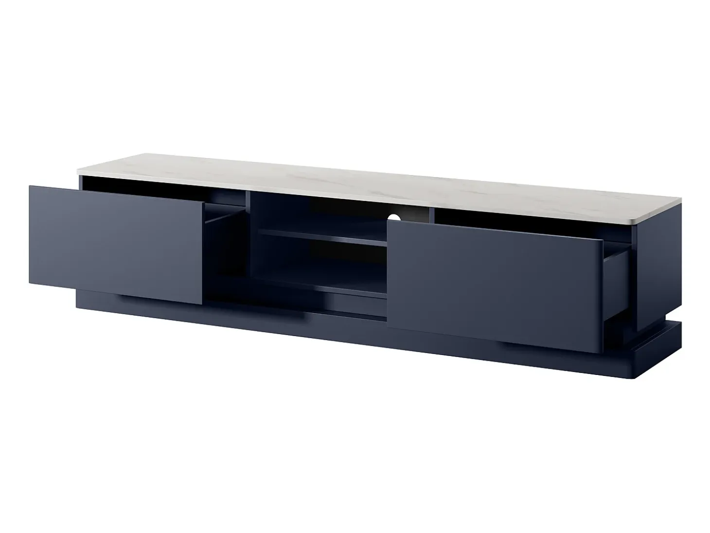 Mueble TV 2 cajones y 2 estantes con LEDs de MDF - Azul y efecto mármol blanco - DEVIKA