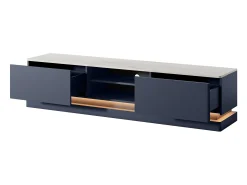 Mueble TV 2 cajones y 2 estantes con LEDs de MDF - Azul y efecto mármol blanco - DEVIKA