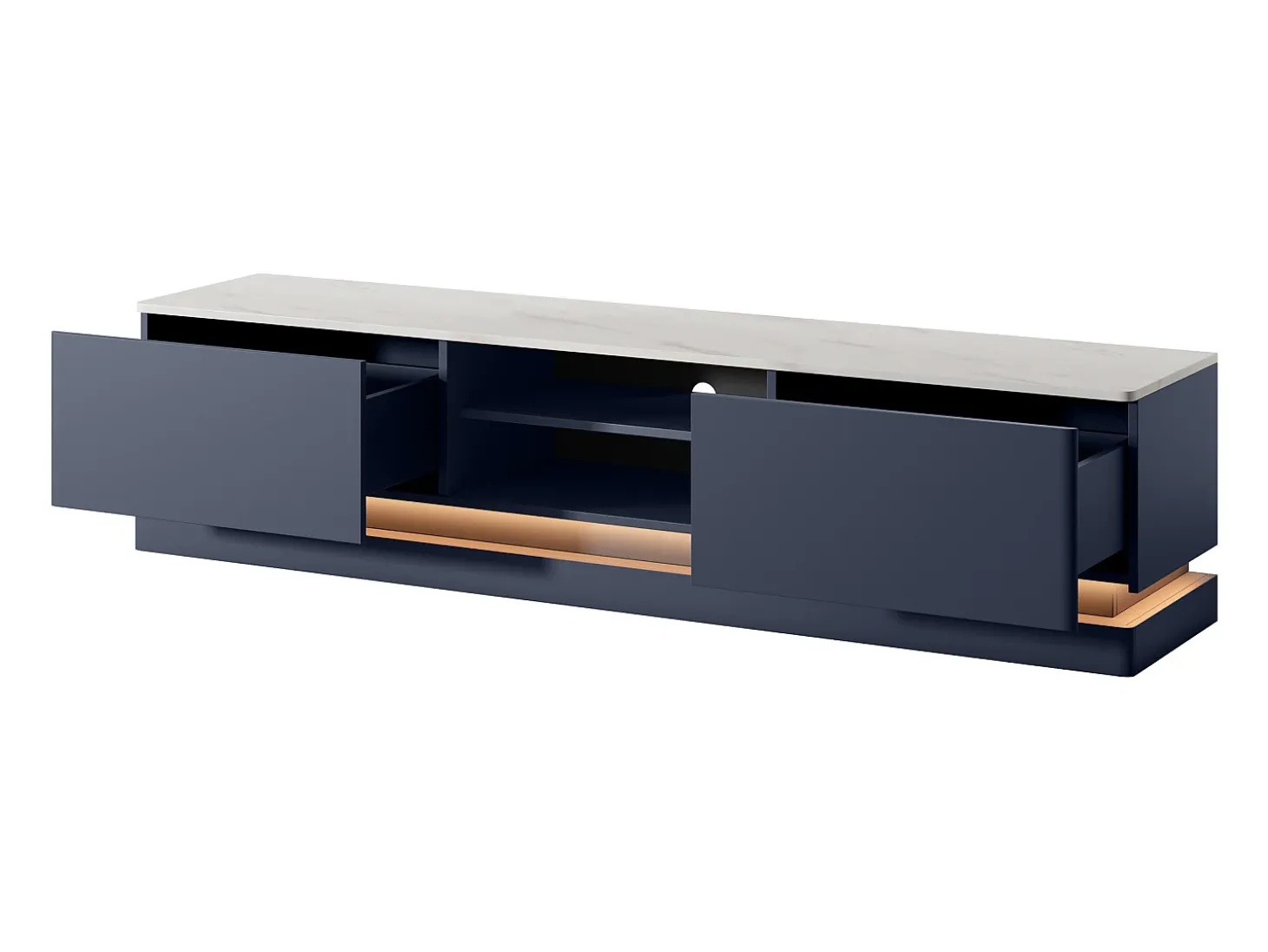 Mueble TV 2 cajones y 2 estantes con LEDs de MDF - Azul y efecto mármol blanco - DEVIKA