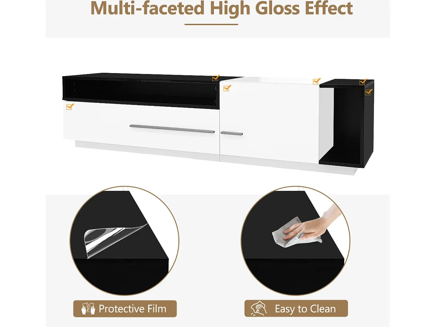 Mueble TV 170 cm - 1 cajón grande y 3 compartimentos - Blanco y Negro