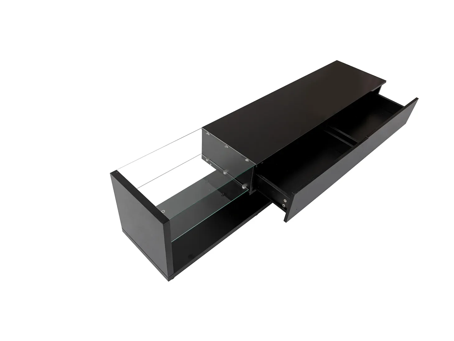 Mueble TV 170 cm - 2 cajones y estantes de cristal - LEDs - negro brillo