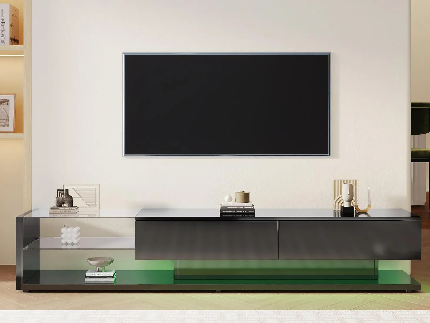 Mueble TV 170 cm - 2 cajones y estantes de cristal - LEDs - negro brillo