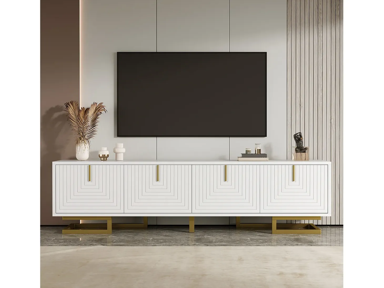 Mueble TV 160×38×44,5 cm - 4 puertas - Tiradores y patas dorados - Paneles de partículas - Blanco