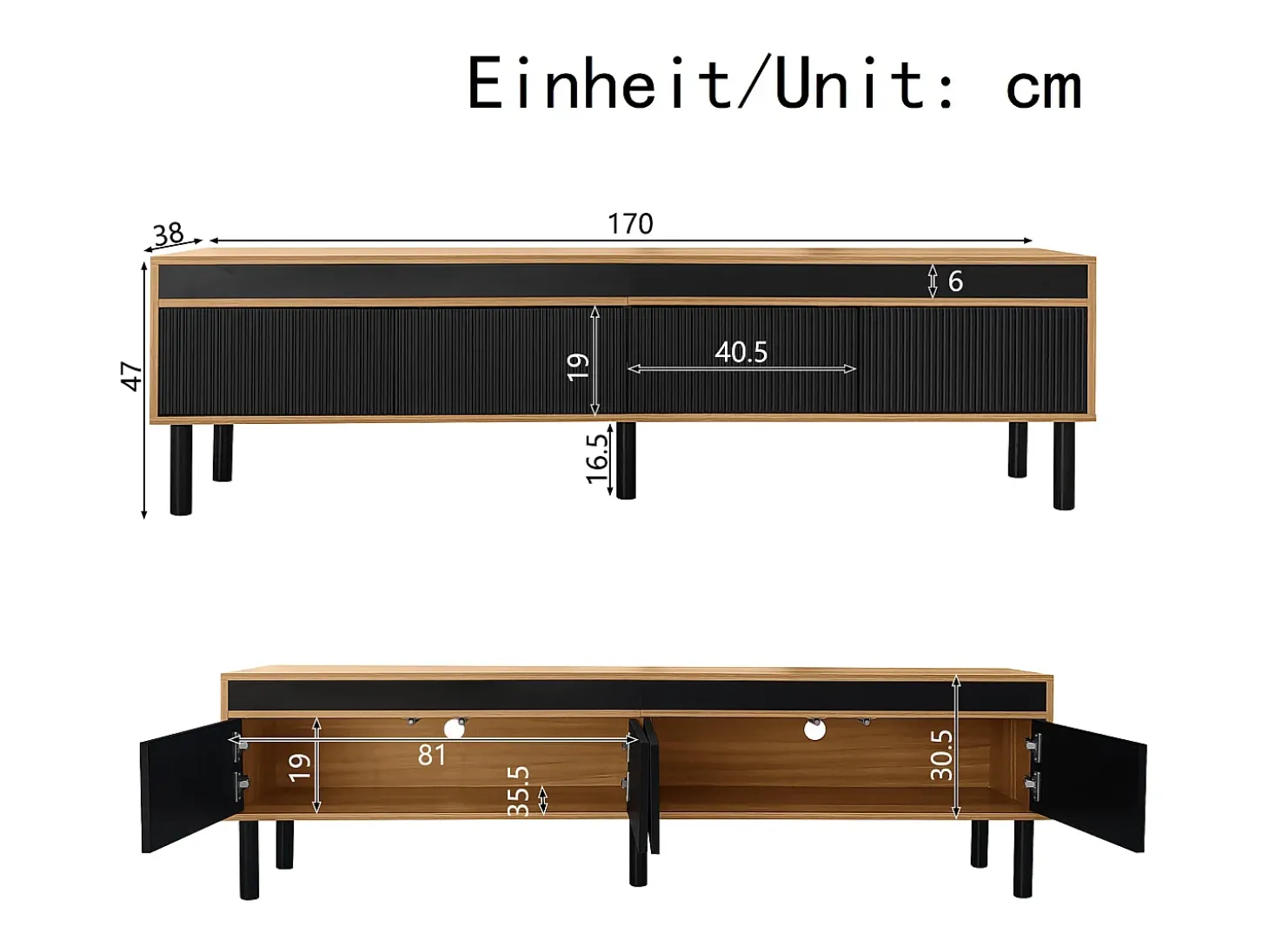 Mueble TV 170×38×47,7 cm - 3 puertas - MDF + paneles de partículas - natural + negro