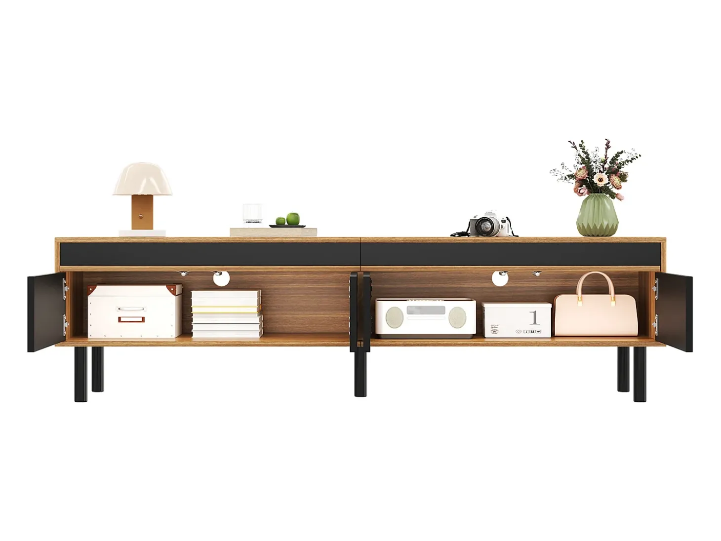 Mueble TV 170×38×47,7 cm - 3 puertas - MDF + paneles de partículas - natural + negro