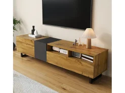 Mueble TV 170×36,5×42 cm - 3 puertas - 2 compartimentos de almacenamiento - Patas de metal en U - Aspecto madera - Natural