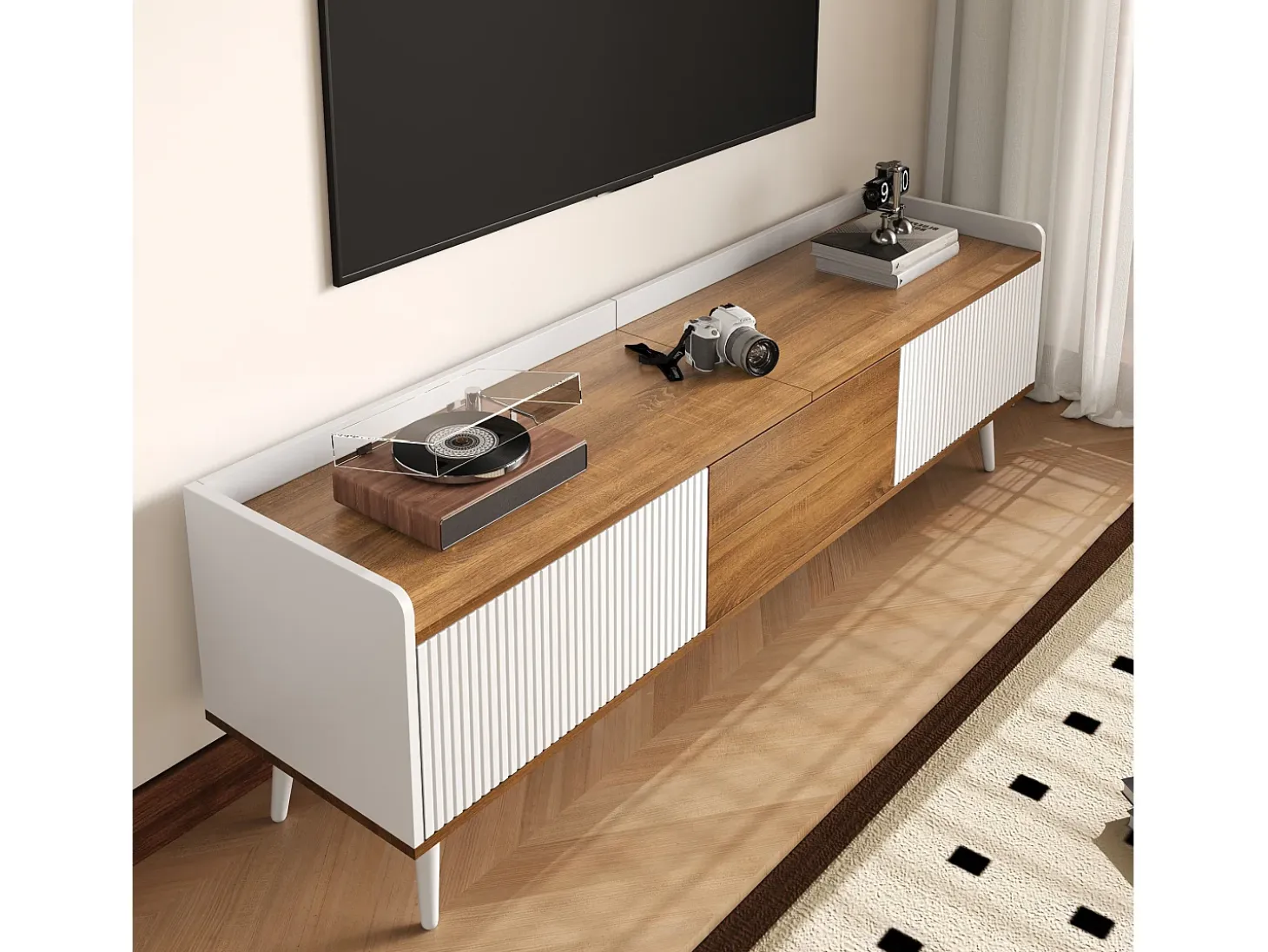 Mueble TV 160×39×49,5 cm - 3 puertas - Aspecto madera - MDF + Paneles de partículas - Blanco + Natural