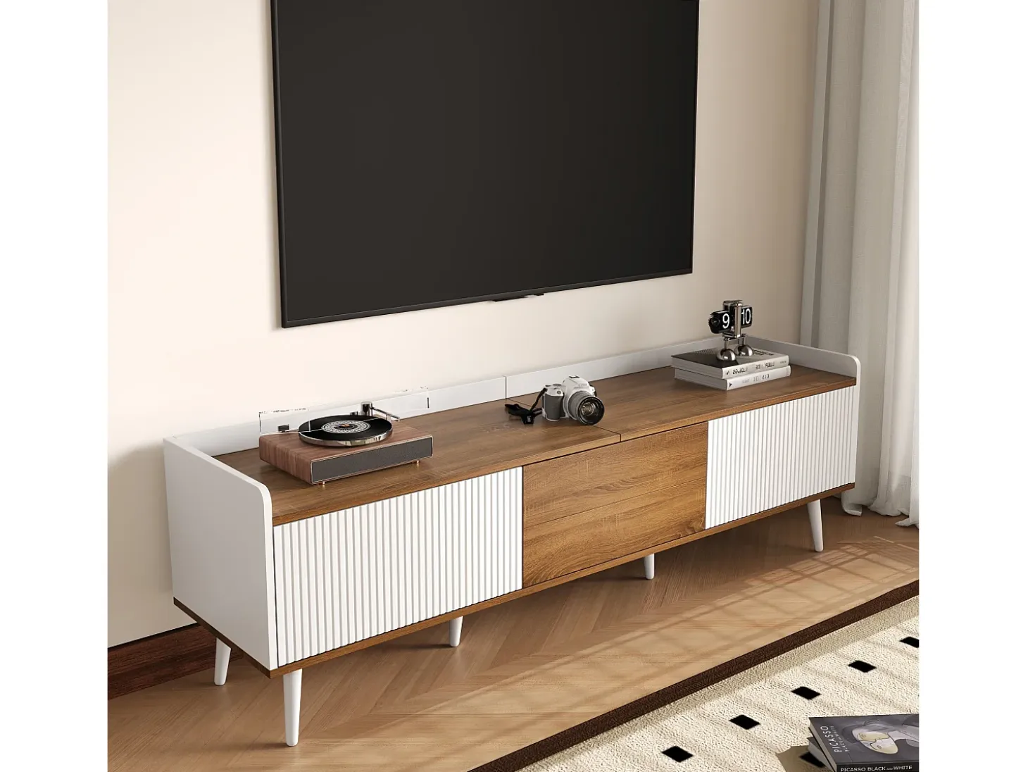 Mueble TV 160×39×49,5 cm - 3 puertas - Aspecto madera - MDF + Paneles de partículas - Blanco + Natural