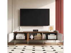 Mueble TV 160×39×49,5 cm - 3 puertas - Aspecto madera - MDF + Paneles de partículas - Blanco + Natural