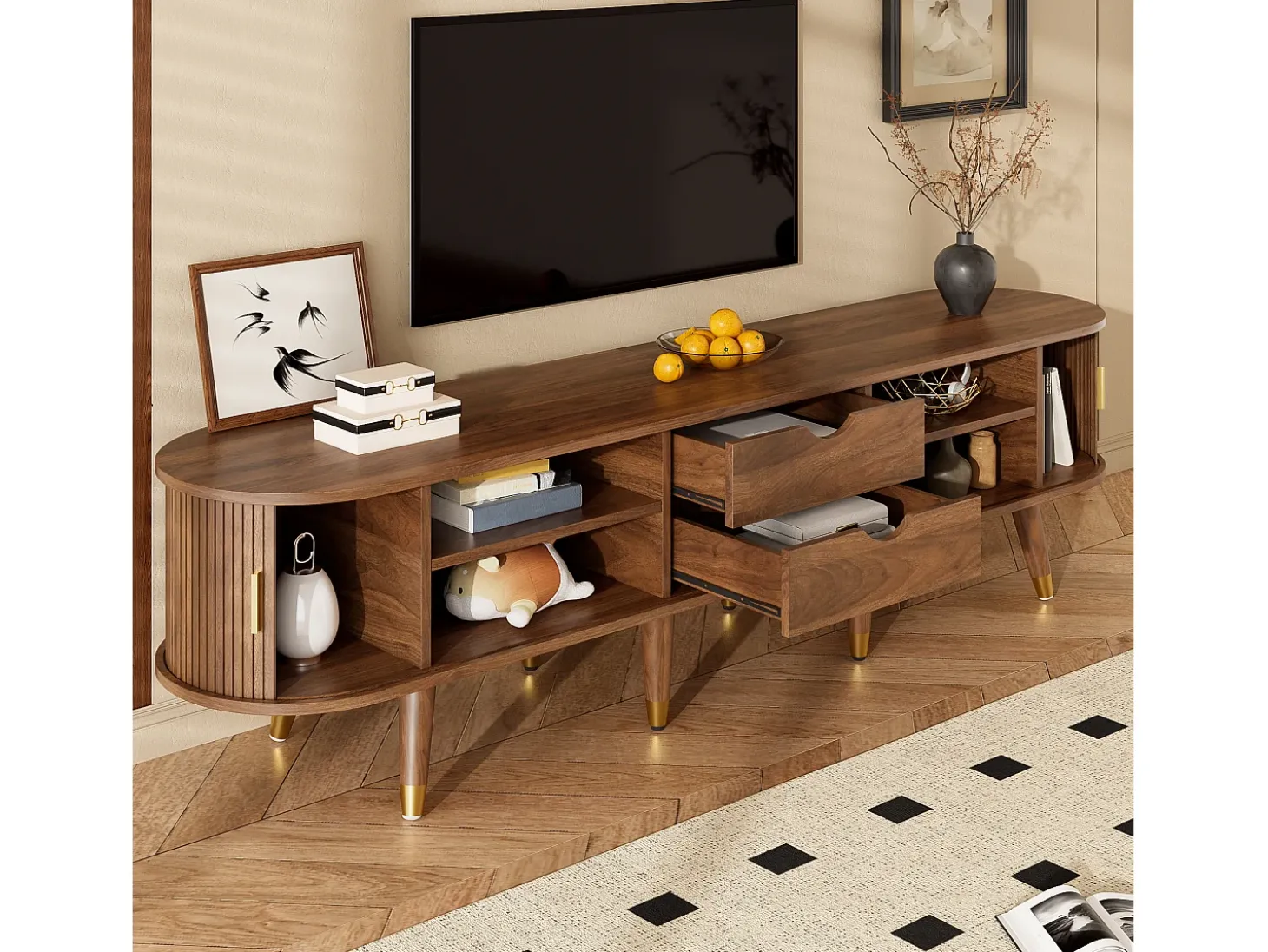 Mueble TV 175×38×45 cm - 2 puertas correderas de ratán - 2 cajones - marrón