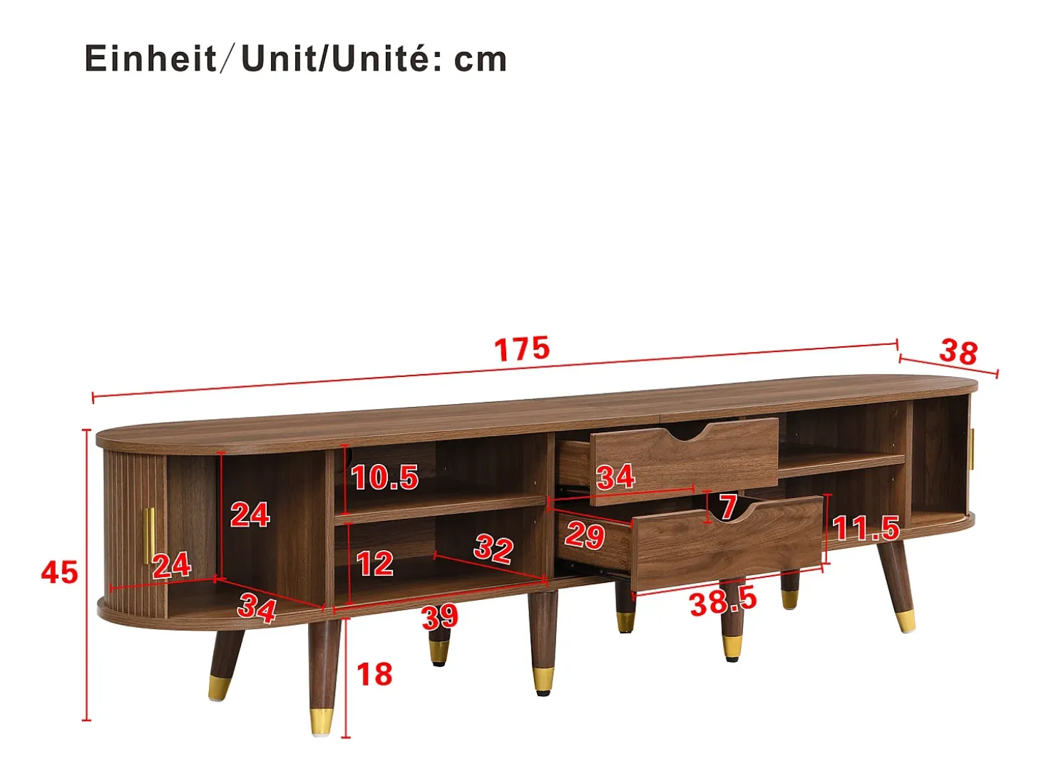 Mueble TV 175×38×45 cm - 2 puertas correderas de ratán - 2 cajones - marrón
