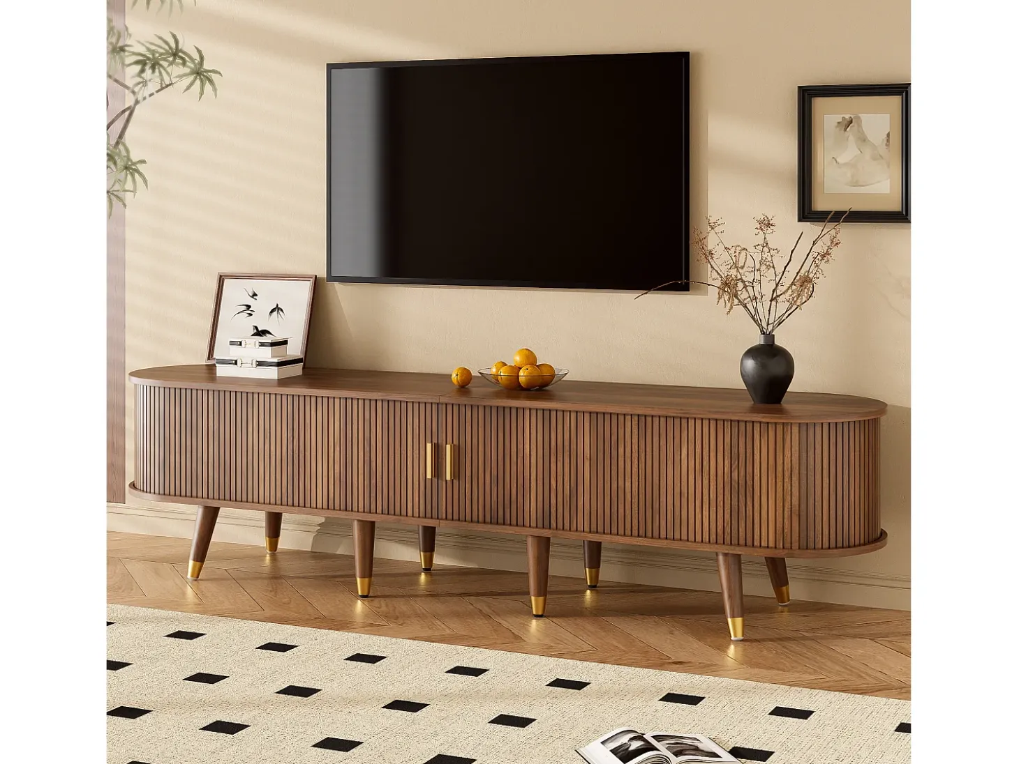 Mueble TV 175×38×45 cm - 2 puertas correderas de ratán - 2 cajones - marrón