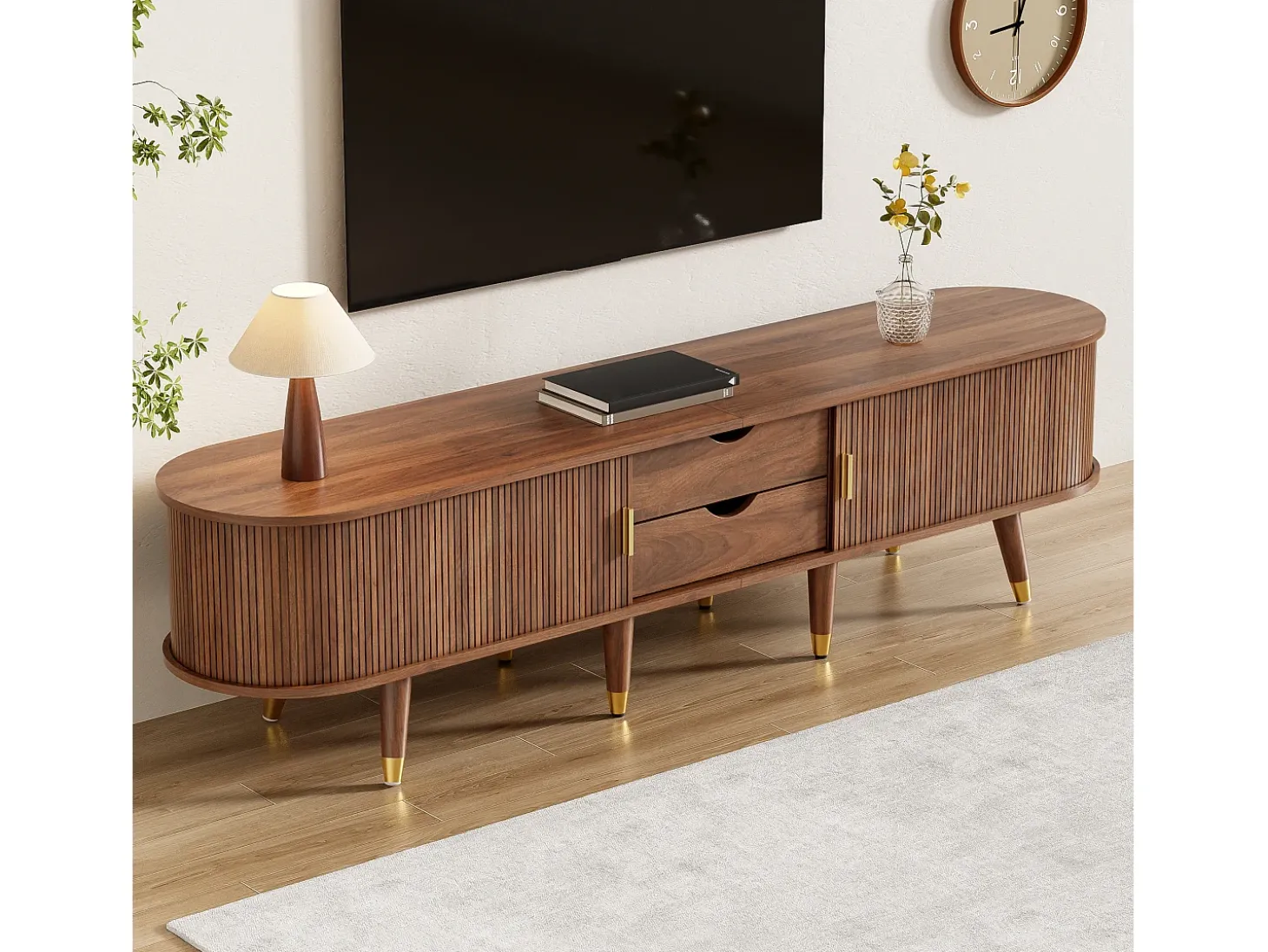 Mueble TV 175×38×45 cm - 2 puertas correderas de ratán - 2 cajones - marrón