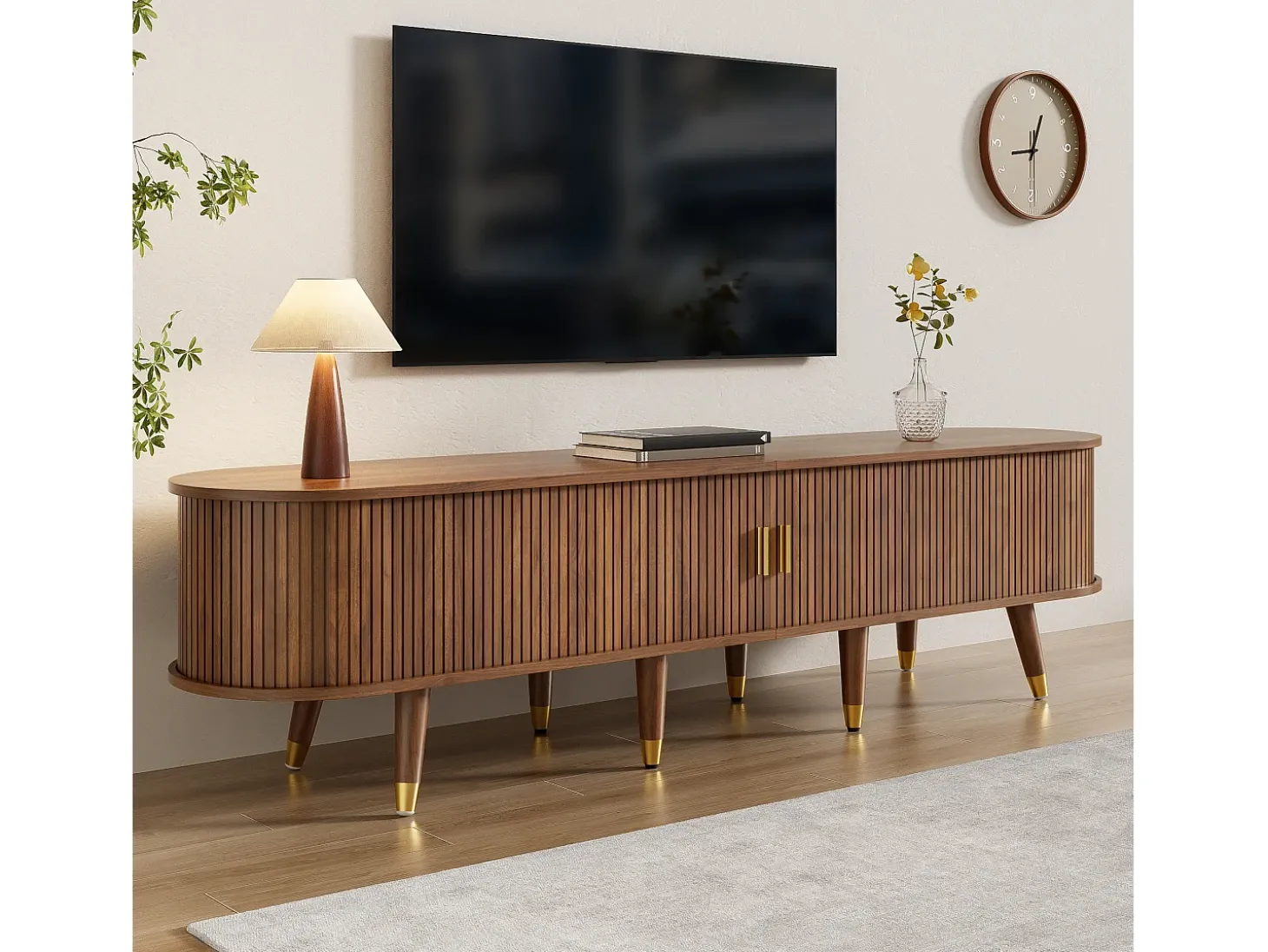 Mueble TV 175×38×45 cm - 2 puertas correderas de ratán - 2 cajones - marrón