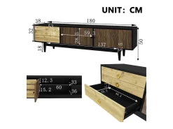 Mueble TV 180×38×50 cm - 2 puertas y 3 cajones - MDF + paneles de partículas - Negro + Natural