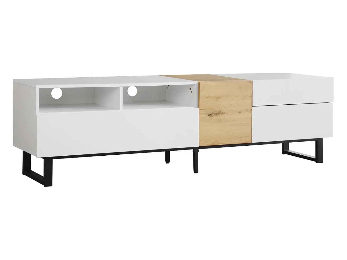 Mueble TV 180 cm - con 2 cajones y 5 compartimentos - en MDF - Blanco y Natural