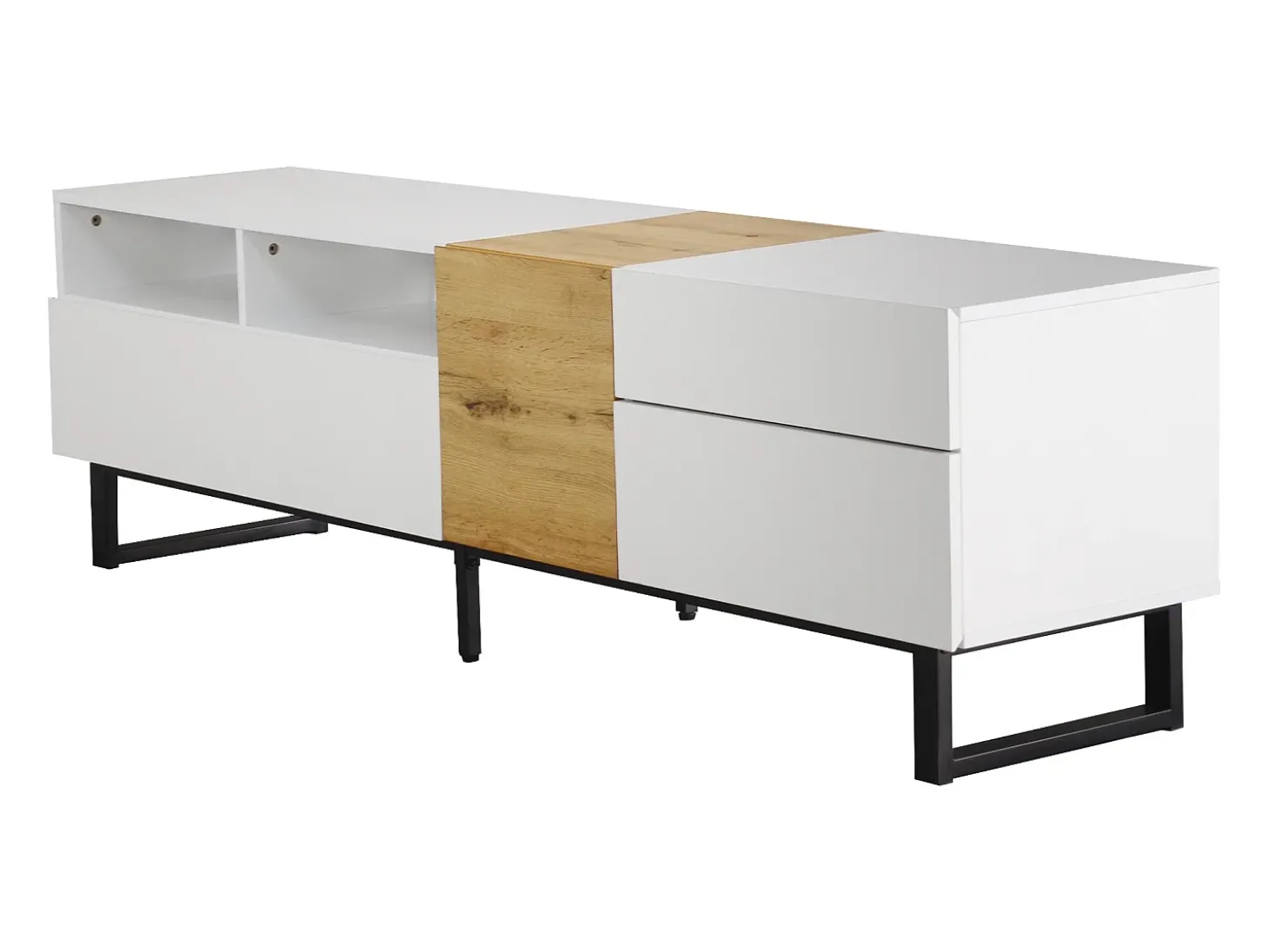 Mueble TV 180 cm - con 2 cajones y 5 compartimentos - en MDF - Blanco y Natural