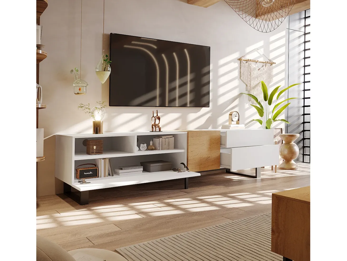 Mueble TV 180 cm - con 2 cajones y 5 compartimentos - en MDF - Blanco y Natural