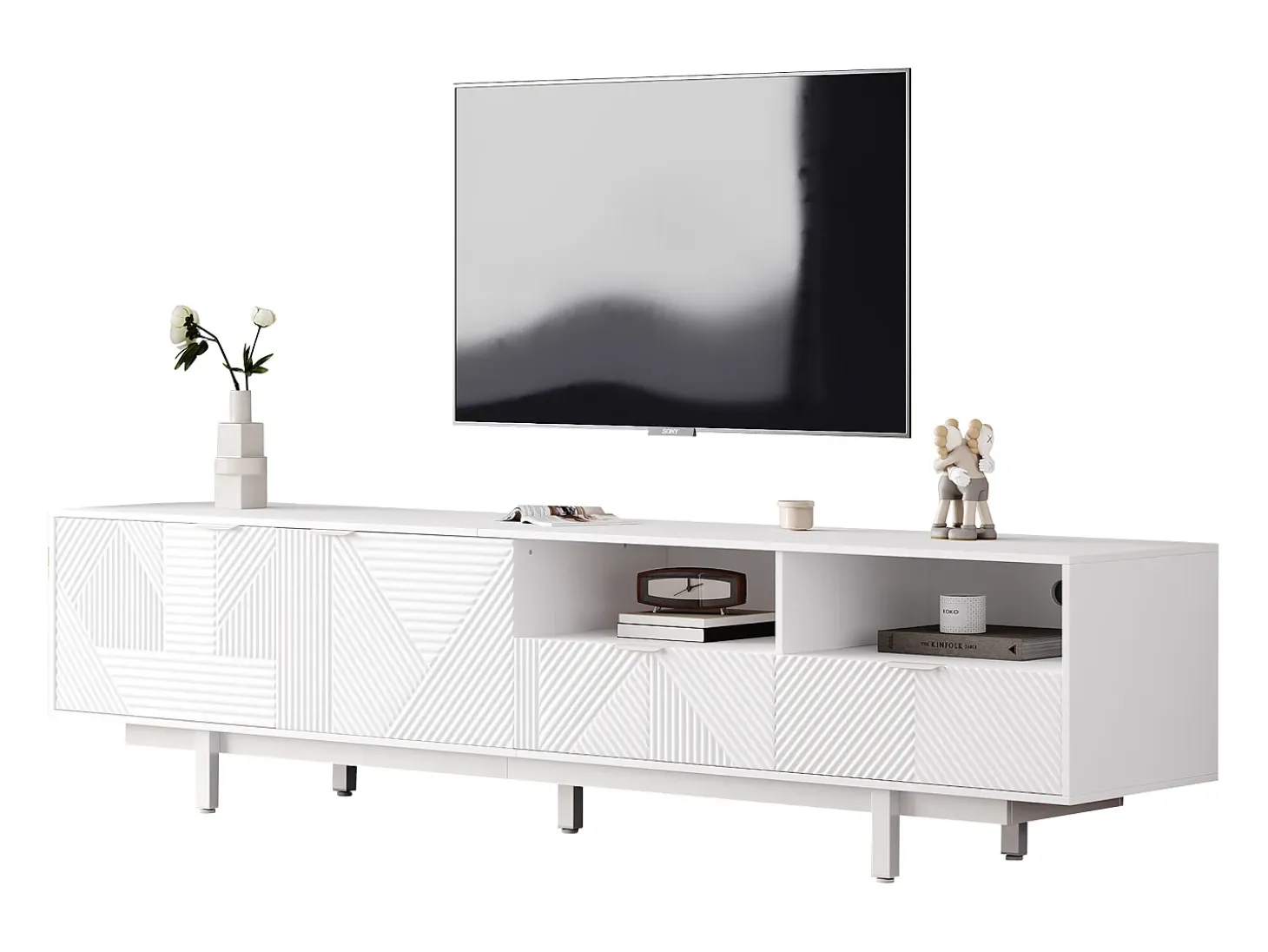 Mueble TV 200 cm - con 3 compartimentos y 2 cajones - TV de 90 pulgadas de capacidad máxima - Blanco