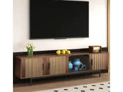Mueble TV 200 cm - con LED y puerta de vidrio - MDF y panel de partículas - Natural