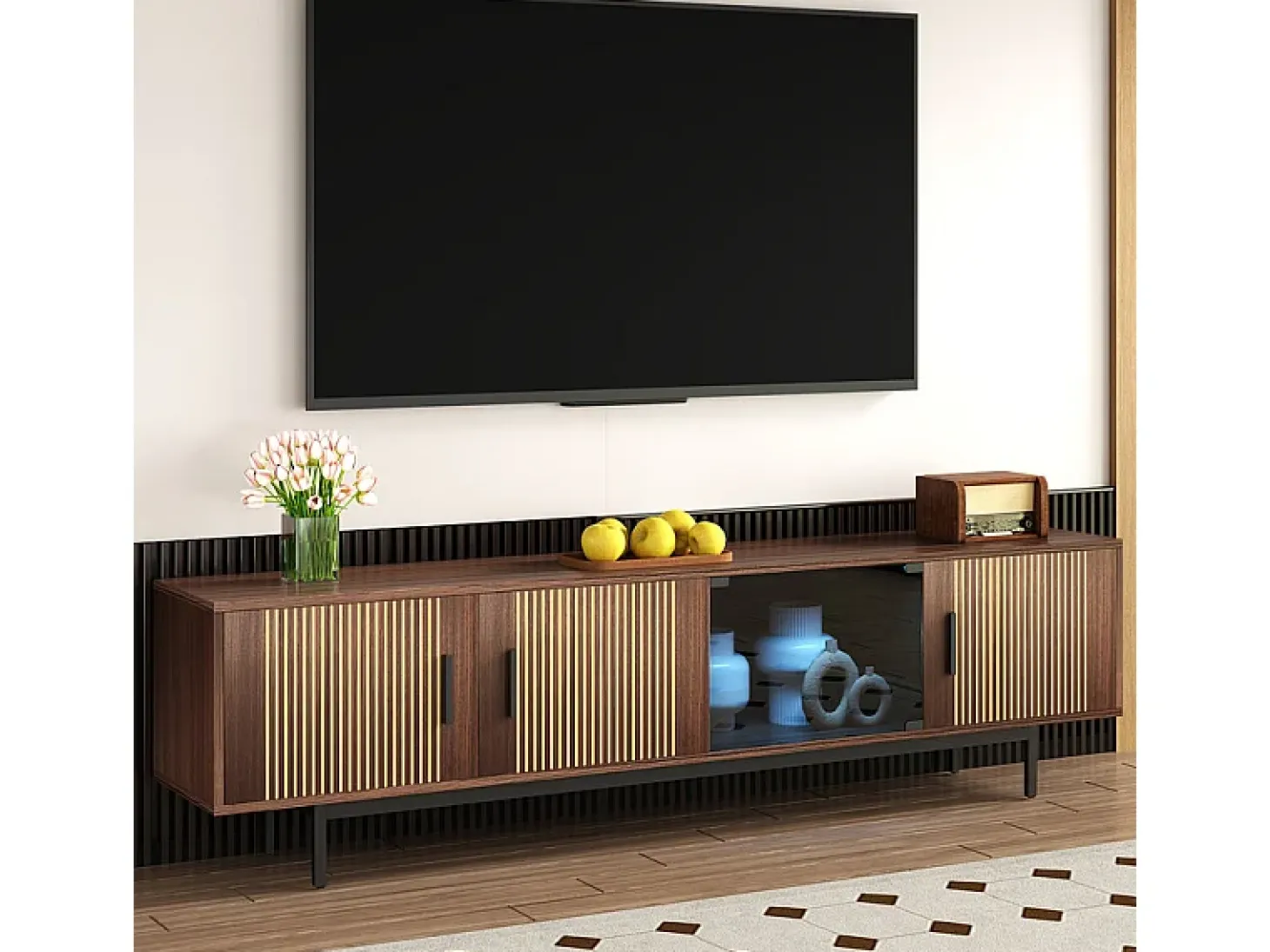 Mueble TV 200 cm - con LED y puerta de vidrio - MDF y panel de partículas - Natural