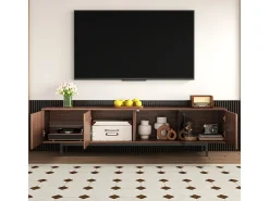 Mueble TV 200 cm - con LED y puerta de vidrio - MDF y panel de partículas - Natural