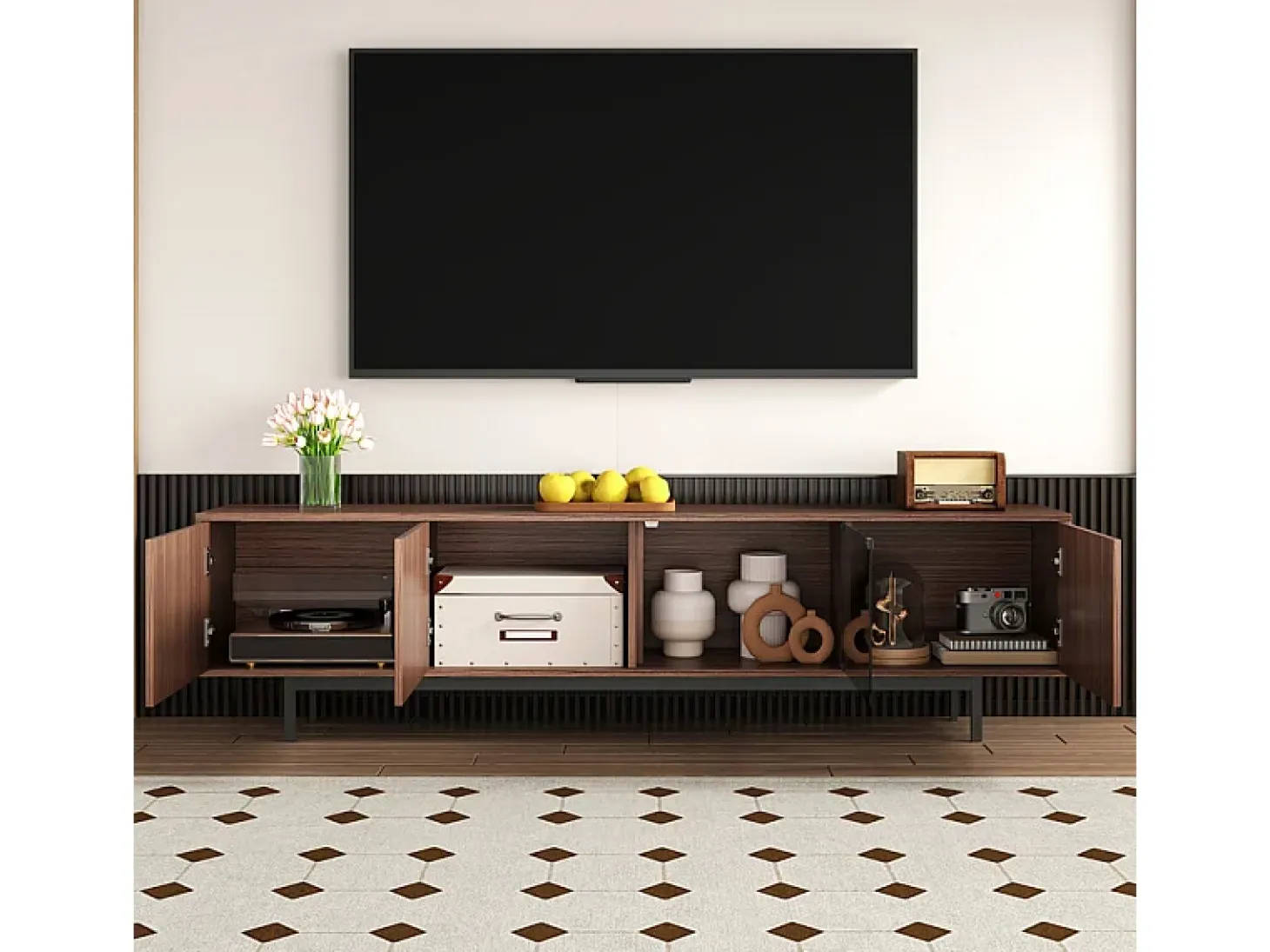 Mueble TV 200 cm - con LED y puerta de vidrio - MDF y panel de partículas - Natural