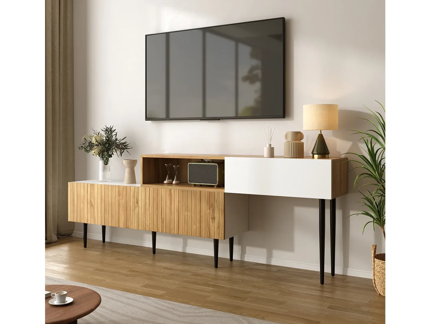 Mueble TV 220×30×63,4 cm - diseño en dos módulos - aspecto madera - blanco + natural
