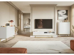 Mueble TV - con compartimento abierto - 175 cm - blanco con patas de metal dorado - VELDIO