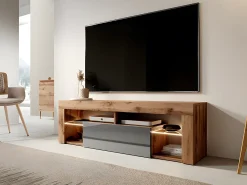 Mueble TV - para la sala de estar - 140 cm de ancho - roble lancaster / gris brillo - con iluminación LED - Bianko