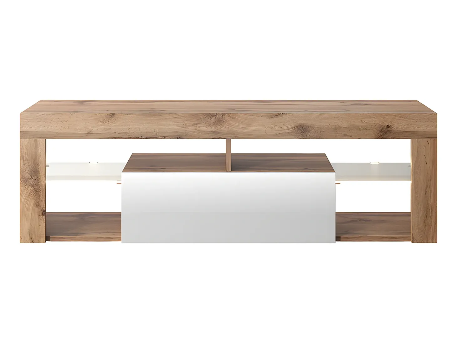 Mueble TV - para la sala de estar - 140 cm de ancho - roble lancaster / blanco brillo - con iluminación LED - Bianko
