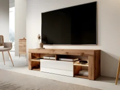 Mueble TV - para la sala de estar - 140 cm de ancho - roble lancaster / blanco brillo - con iluminación LED - Bianko