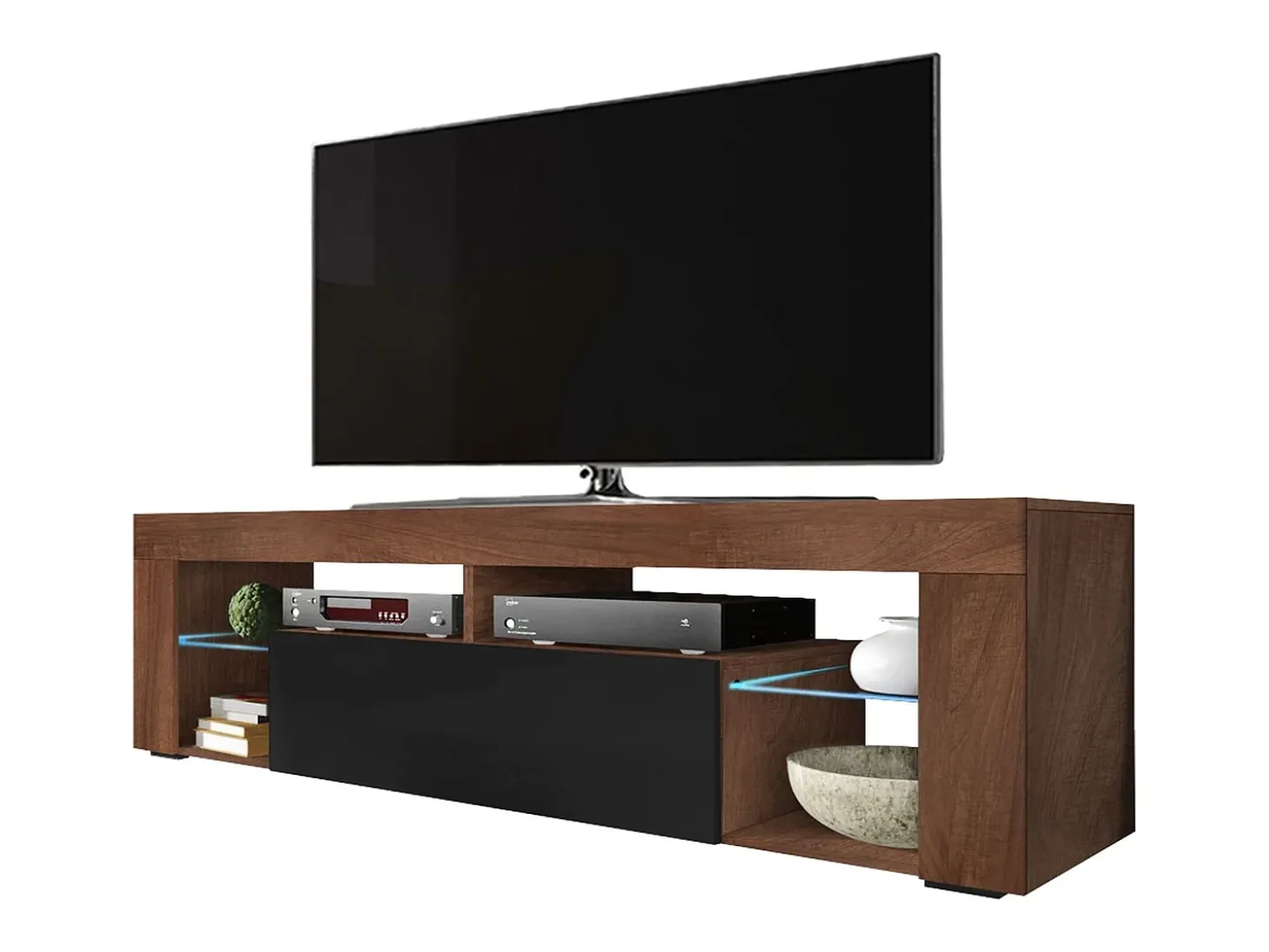 Mueble TV - para la sala de estar - 140 cm de ancho - Aida Nogal Tabaco Mate / Negro Brillo - Bianko