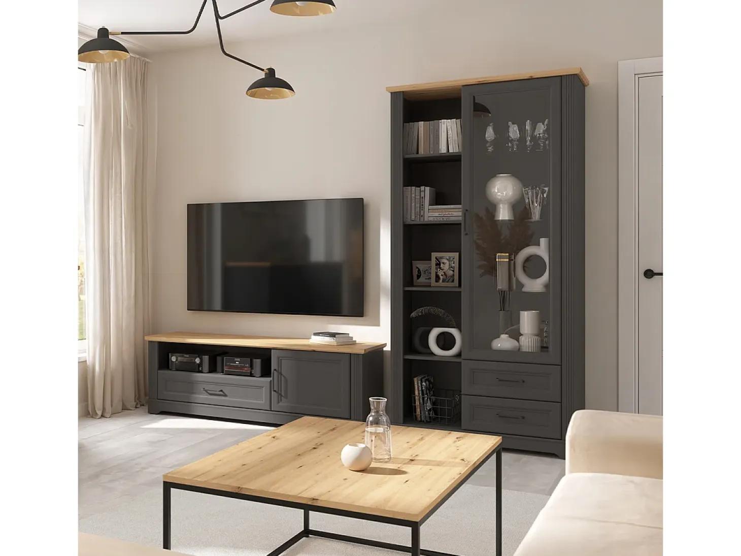Mueble TV 1 puerta 1 cajón 150 cm Charlie Gris Antracita