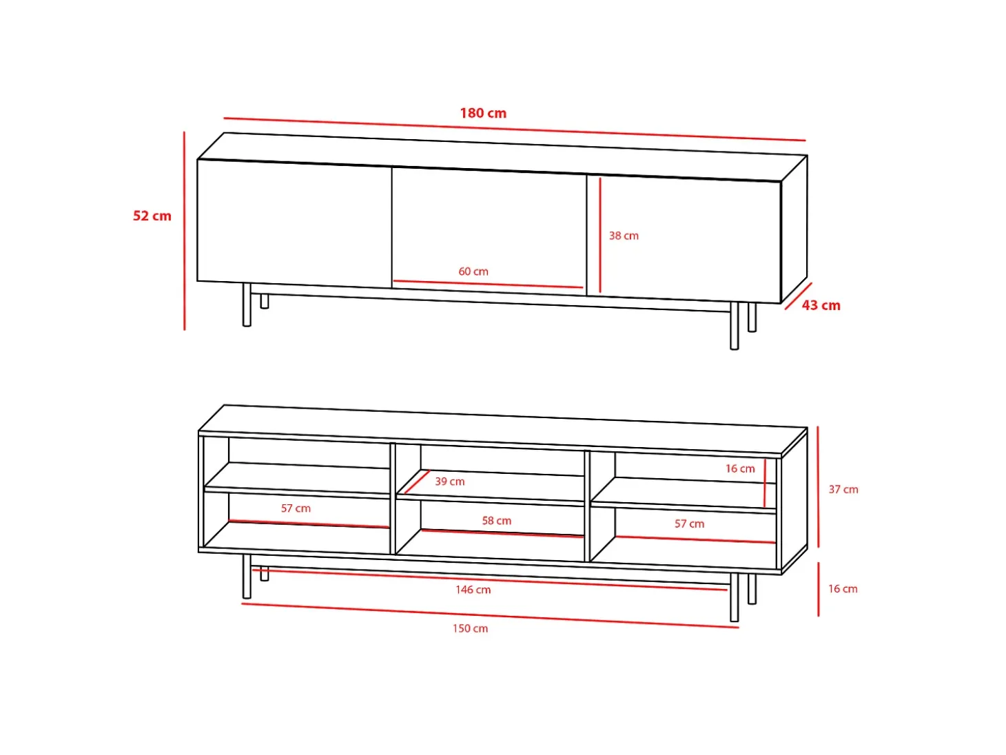 Mueble TV 3 puertas - A52cm x L180cm x F43cm - blanco - Printed