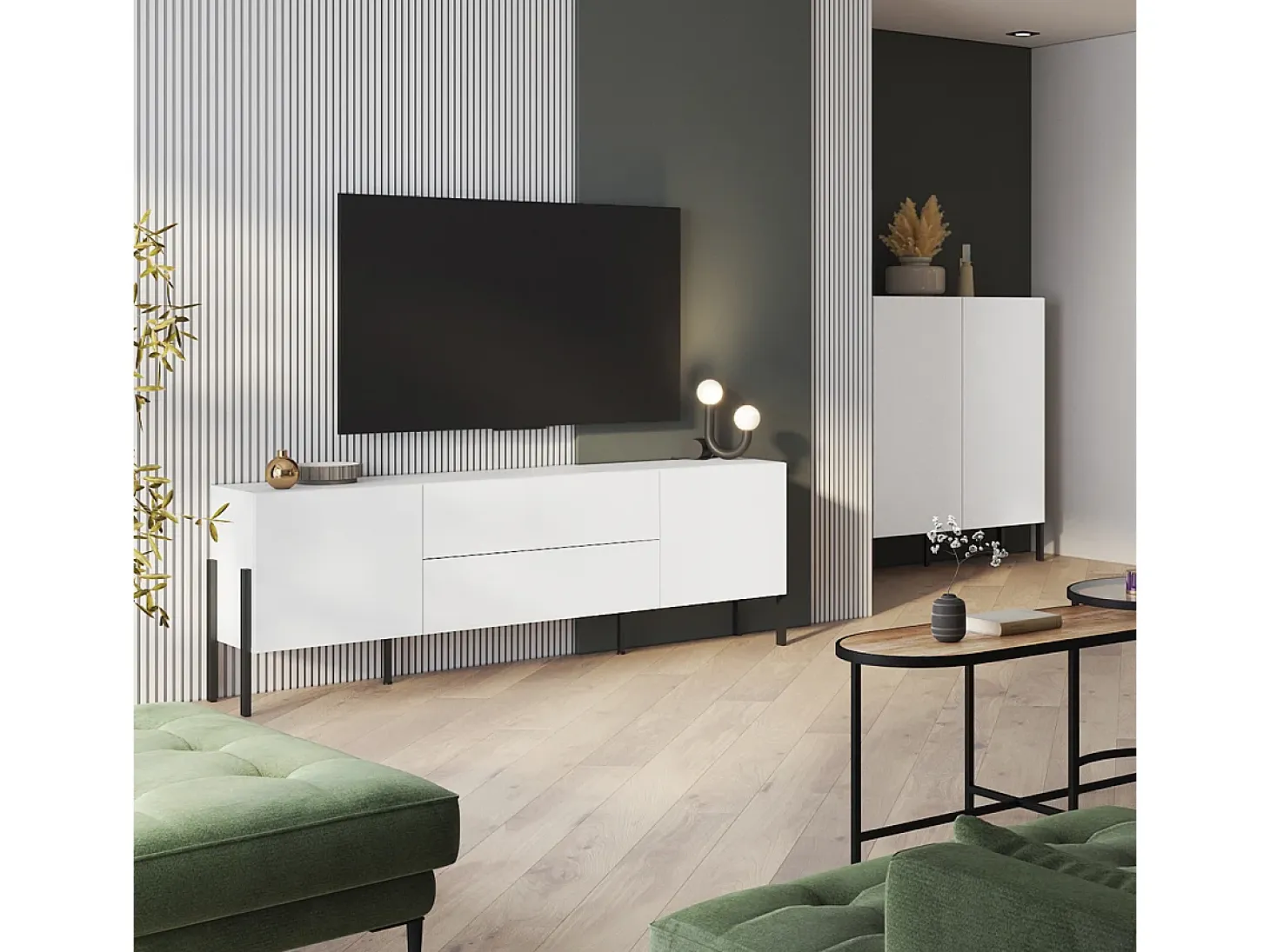 Mueble TV 2 puertas 2 cajones 200 cm Bérénice Blanco