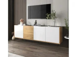 Mueble TV - se puede colgar en la pared o colocar en el suelo - Paneles de partículas - blanco y natural