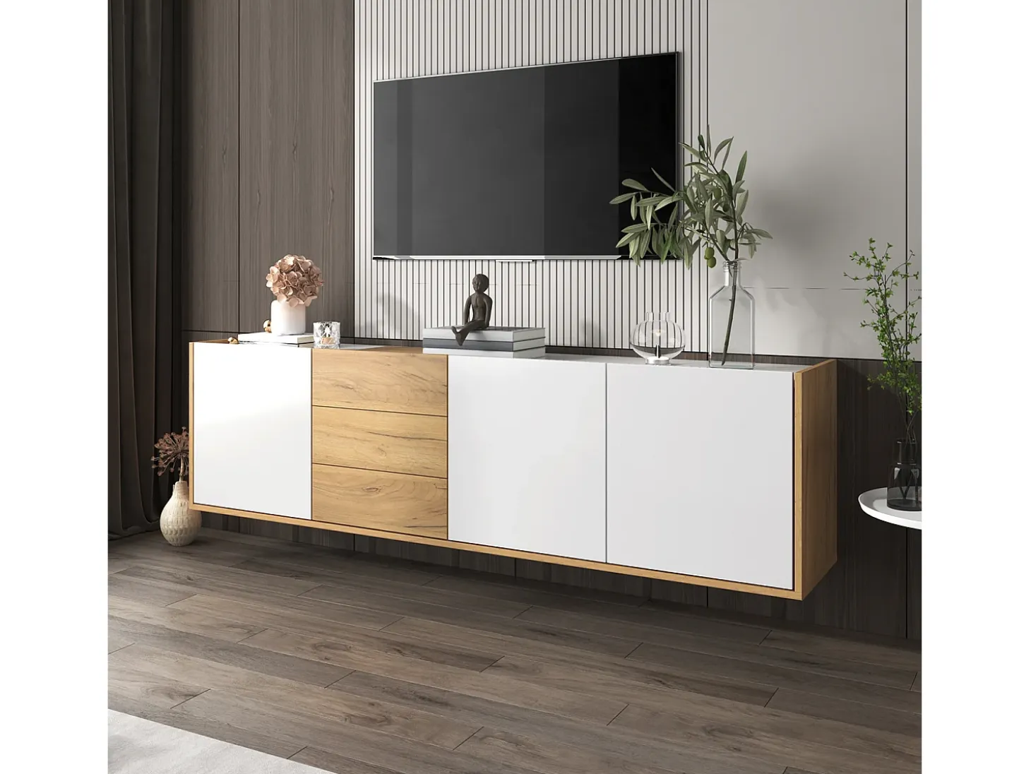 Mueble TV - se puede colgar en la pared o colocar en el suelo - Paneles de partículas - blanco y natural