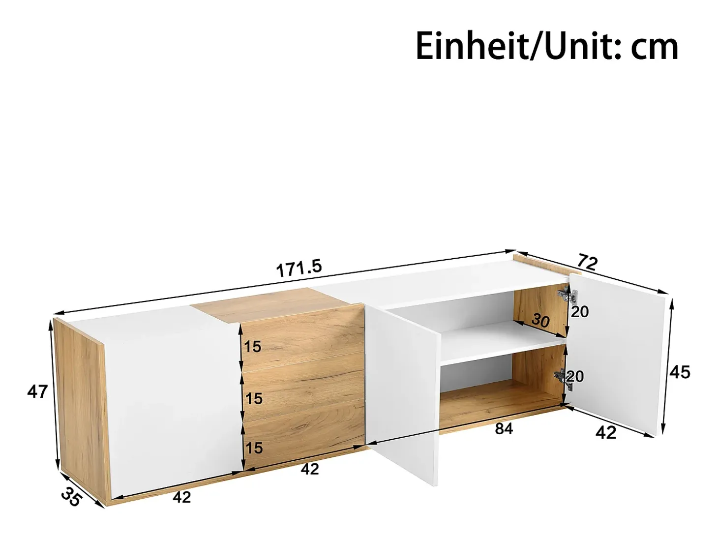 Mueble TV - se puede colgar en la pared o colocar en el suelo - Paneles de partículas - blanco y natural
