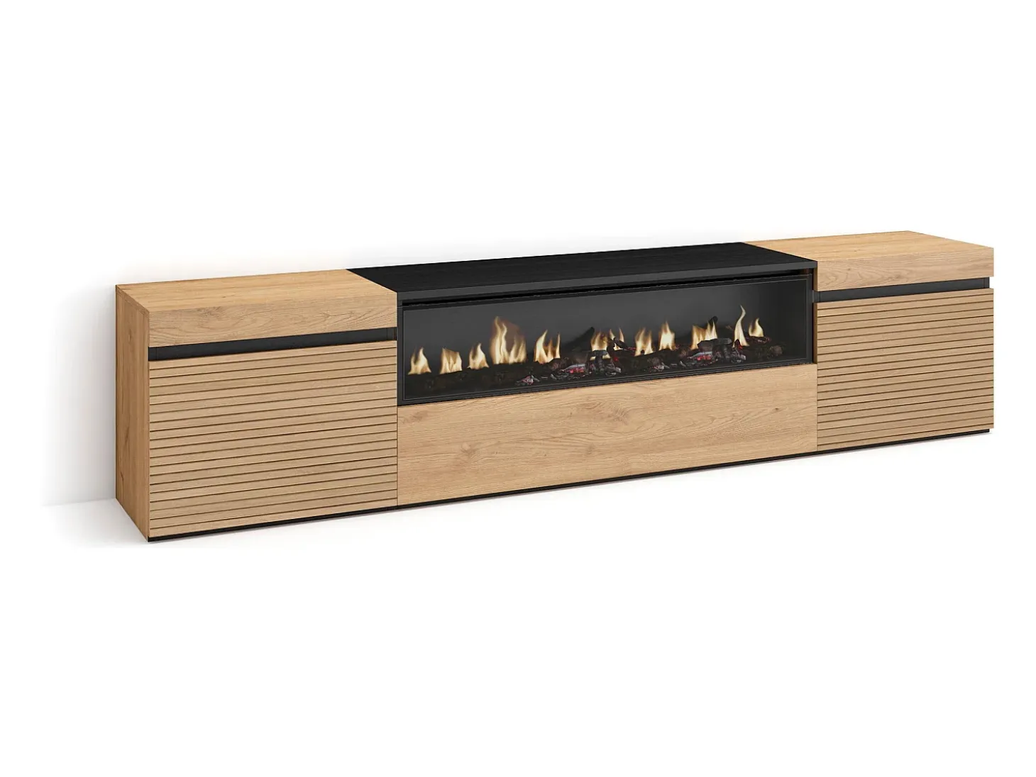 Mueble TV | Televisión, 200x35x45cm, Para TV hasta 80", Chimenea eléctrica, Roble