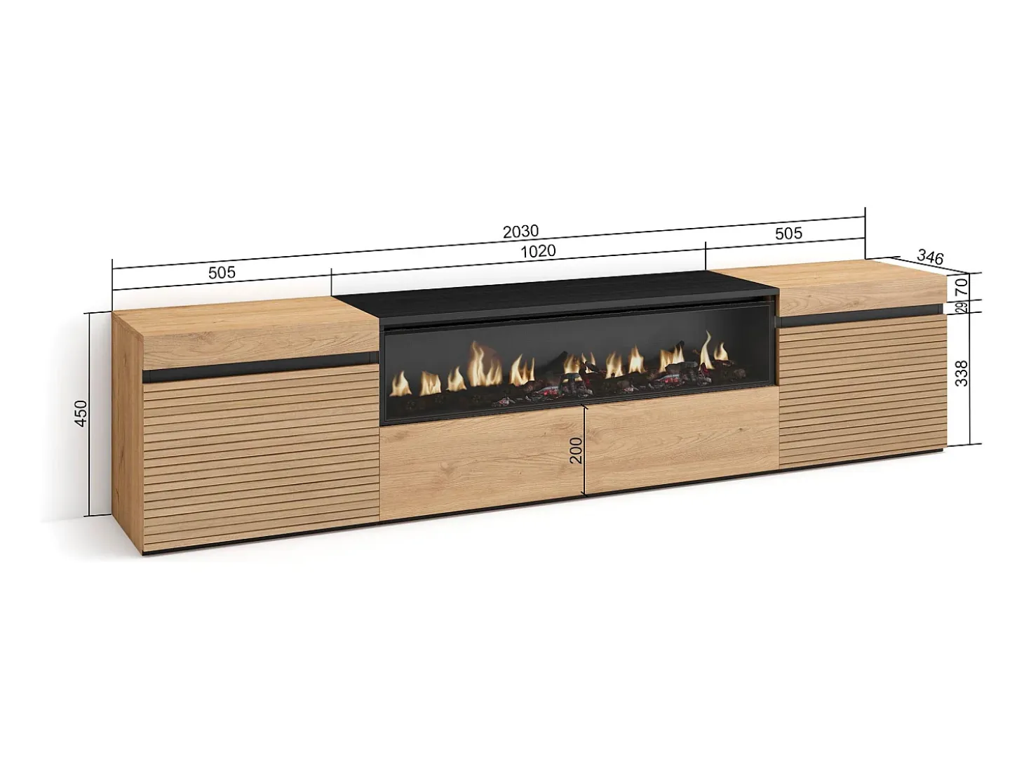 Mueble TV | Televisión, 200x35x45cm, Para TV hasta 80", Chimenea eléctrica, Roble