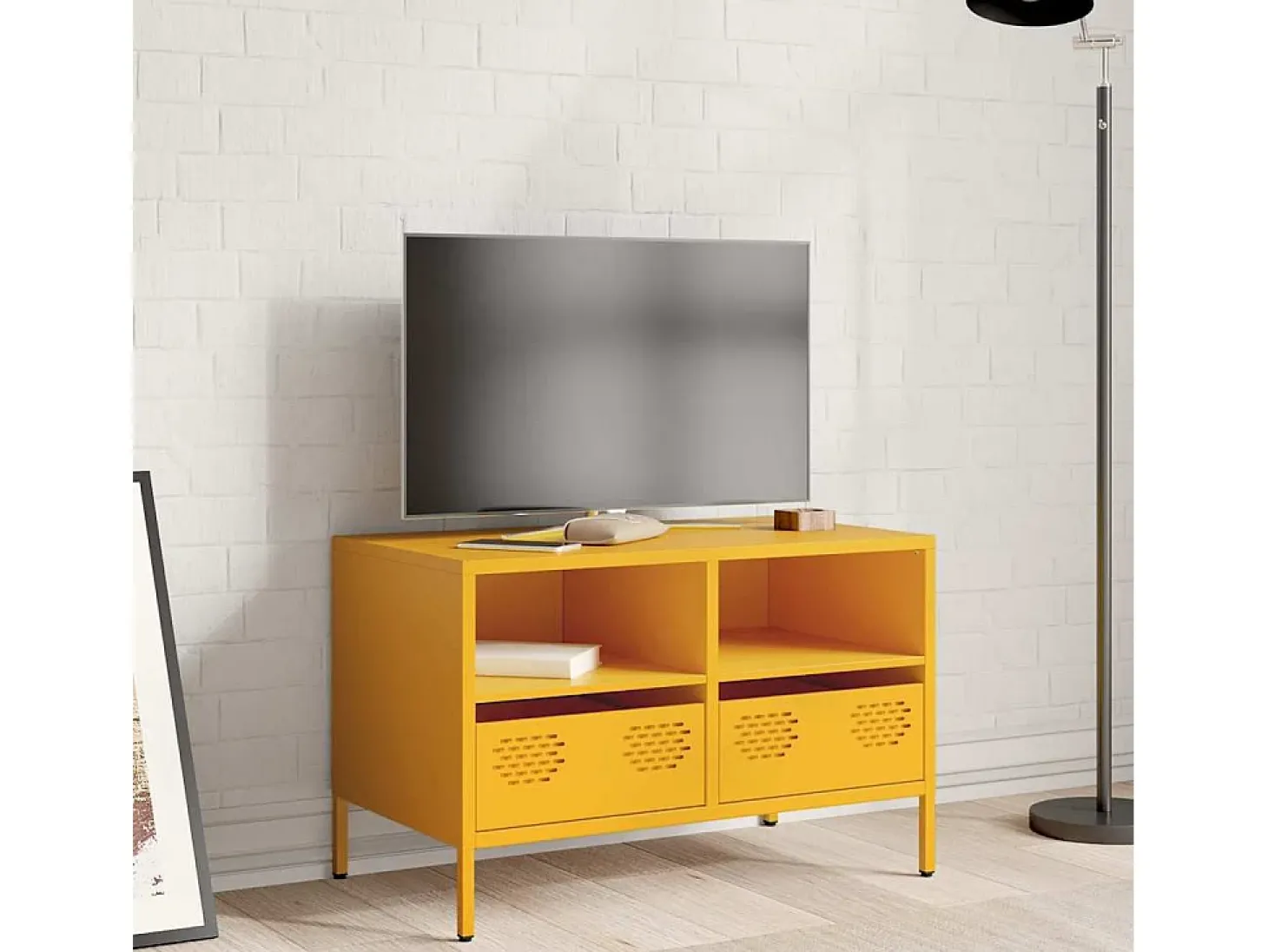Mueble TV acero laminado en frío amarillo mostaza 68x39x43,5 cm