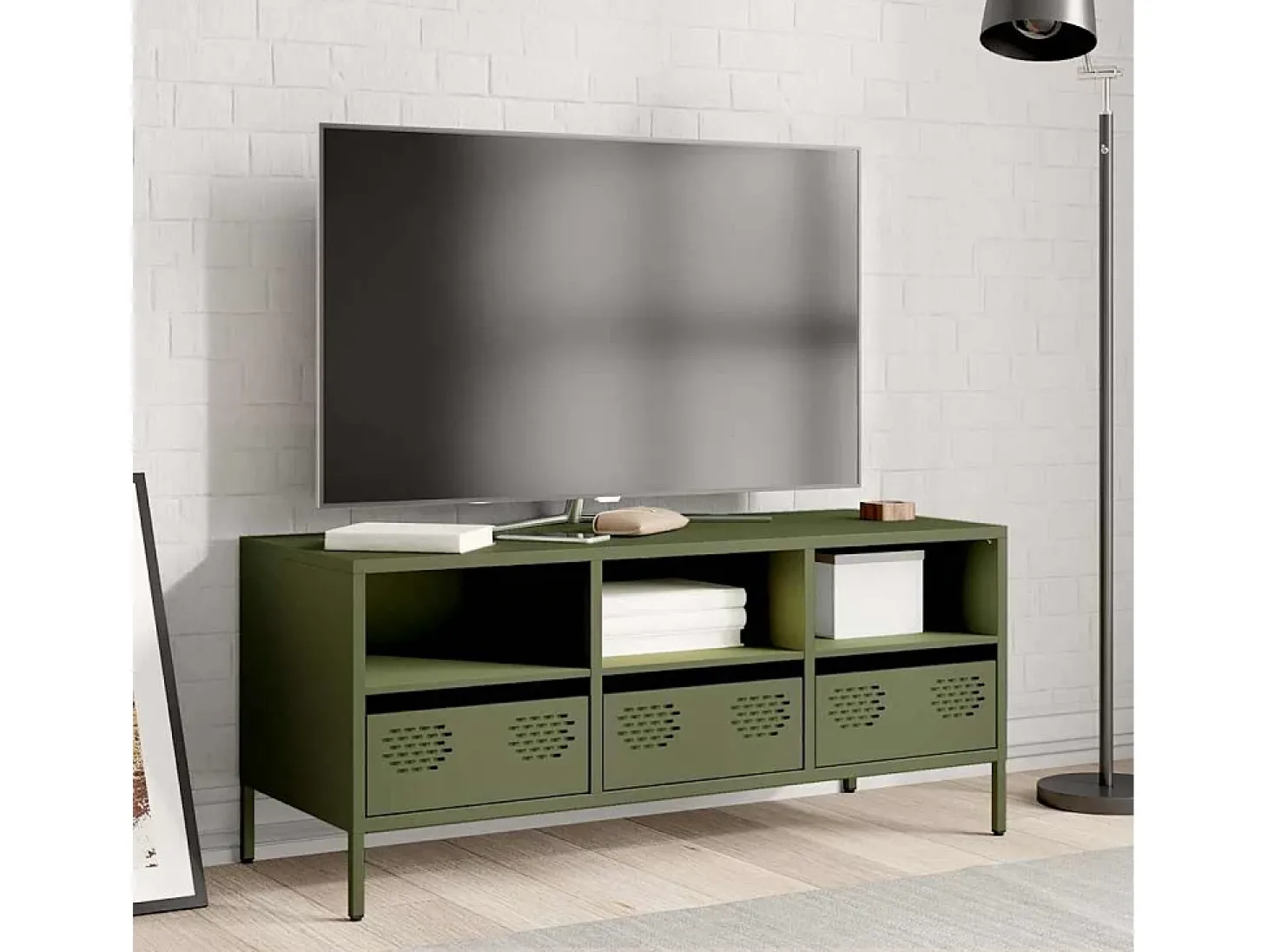 Mueble TV acero laminado en frío verde oliva 101,5x39x43,5 cm