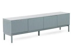 Mueble tv azul con ranuras acanaladas en puertas y laterales