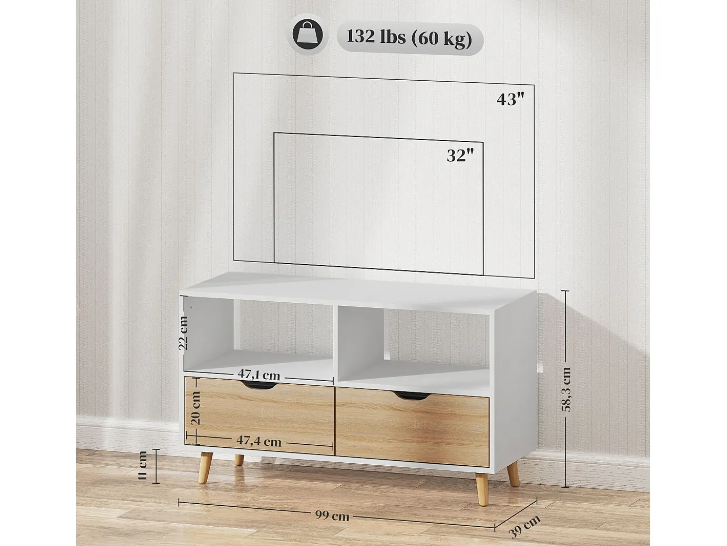 Mueble TV bajo con patas estilo escandinavo 2 cajones Color roble claro Blanco