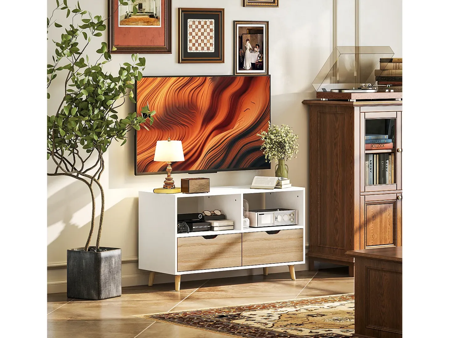 Mueble TV bajo con patas estilo escandinavo 2 cajones Color roble claro Blanco