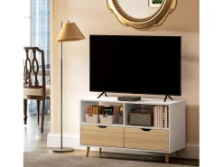 Mueble TV bajo con patas estilo escandinavo 2 cajones Color roble claro Blanco