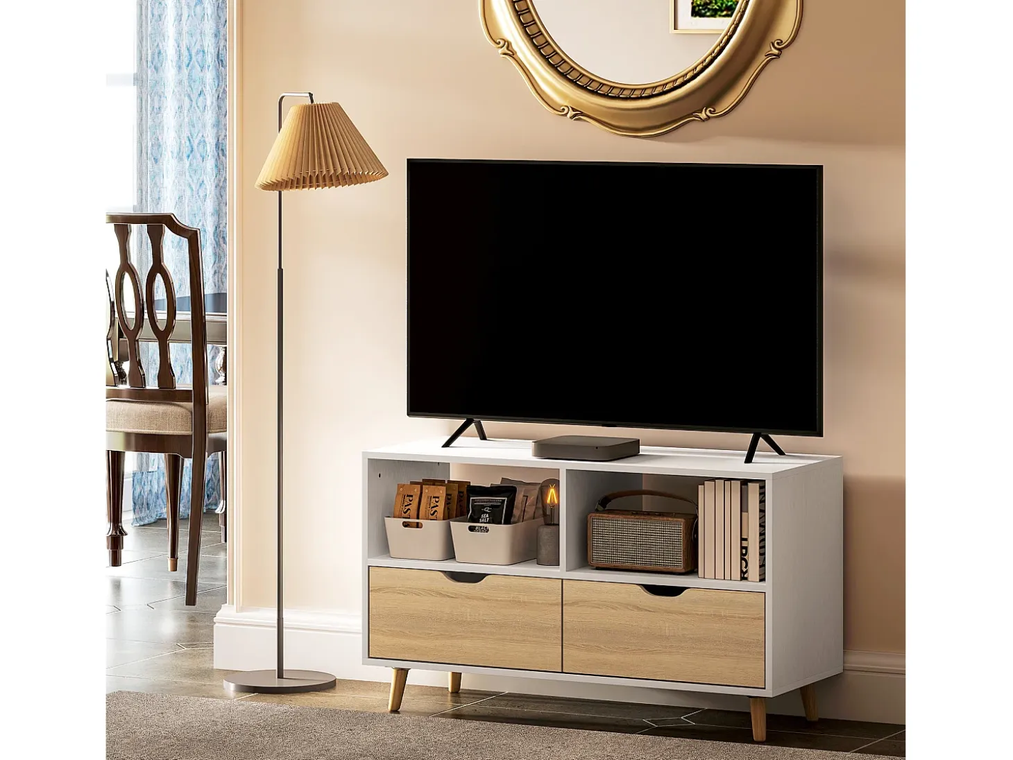 Mueble TV bajo con patas estilo escandinavo 2 cajones Color roble claro Blanco