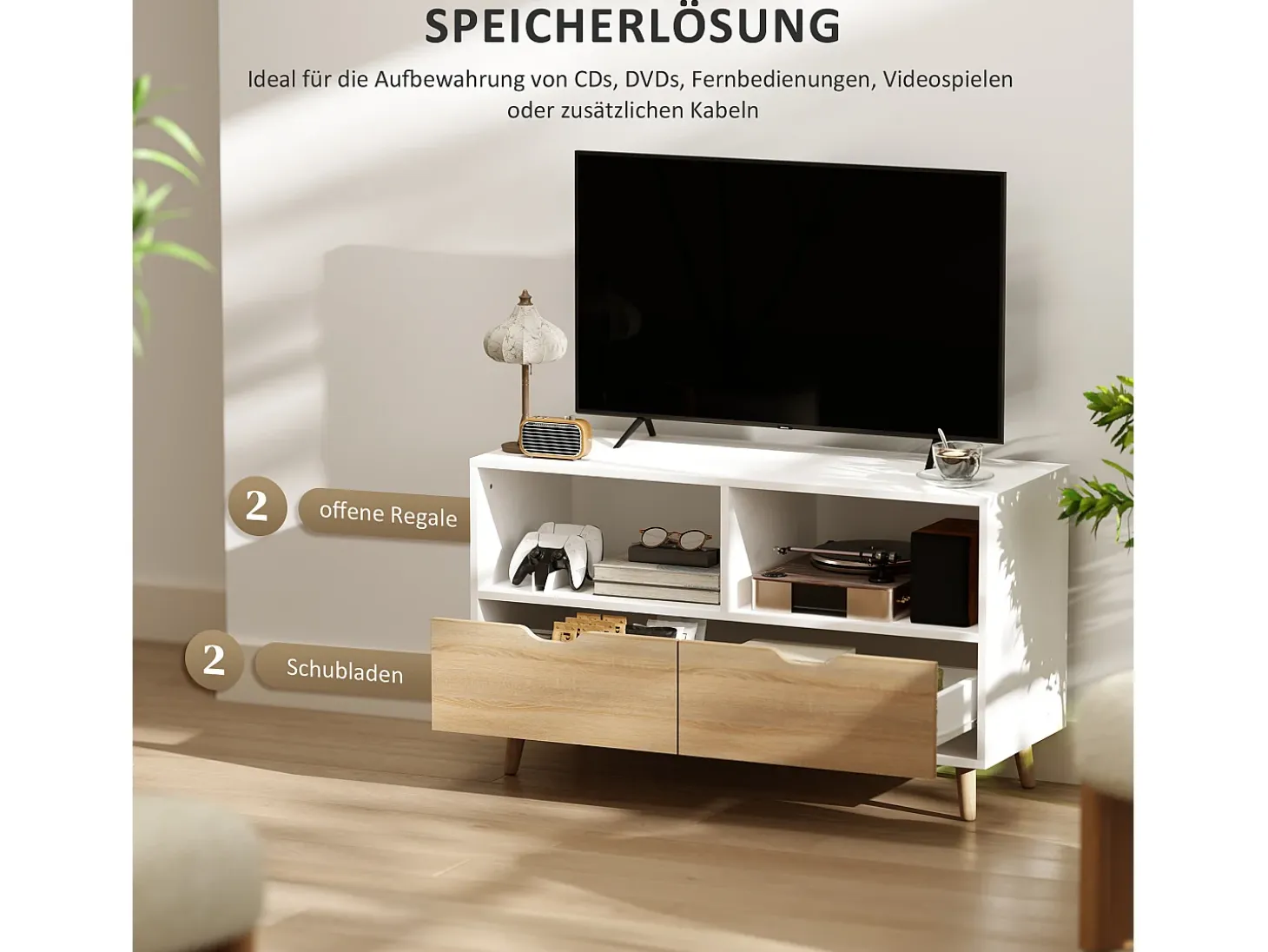 Mueble TV bajo con patas estilo escandinavo 2 cajones Color roble claro Blanco