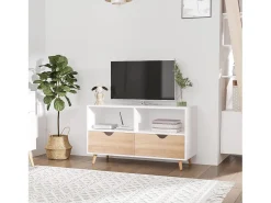 Mueble TV bajo con patas estilo escandinavo 2 cajones Color roble claro Blanco